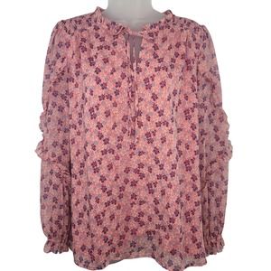 Talbots Pink Blouse Shirt V-Neck Medium Floral Ruffles Smocked Shoulder Tie Neck